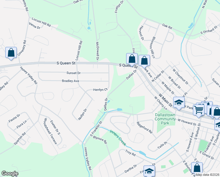 map of restaurants, bars, coffee shops, grocery stores, and more near 2988 Bradley Avenue in Dallastown