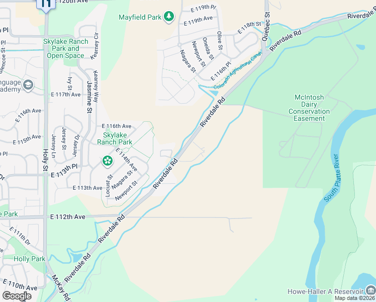 map of restaurants, bars, coffee shops, grocery stores, and more near 11470 Riverdale Road in Northglenn