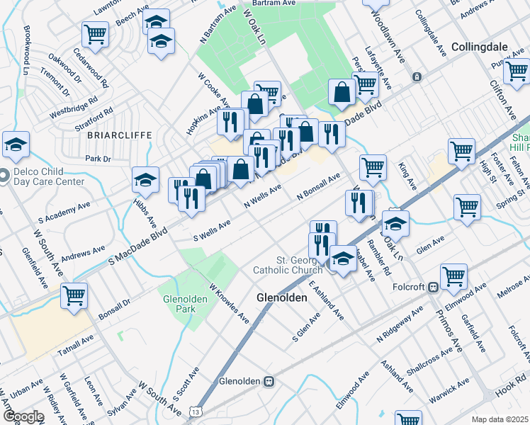 map of restaurants, bars, coffee shops, grocery stores, and more near 16 North Bonsall Avenue in Glenolden