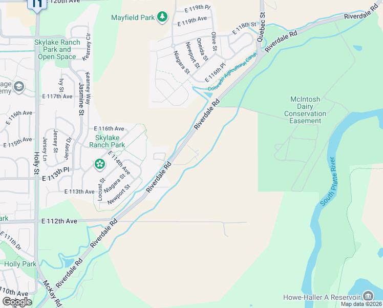 map of restaurants, bars, coffee shops, grocery stores, and more near 11470 Riverdale Road in Northglenn