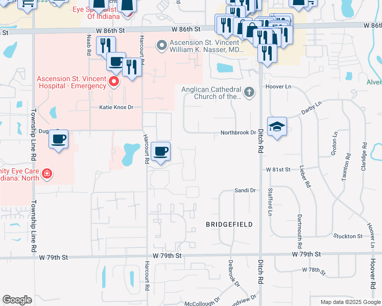 map of restaurants, bars, coffee shops, grocery stores, and more near 1854 Century Way in Indianapolis
