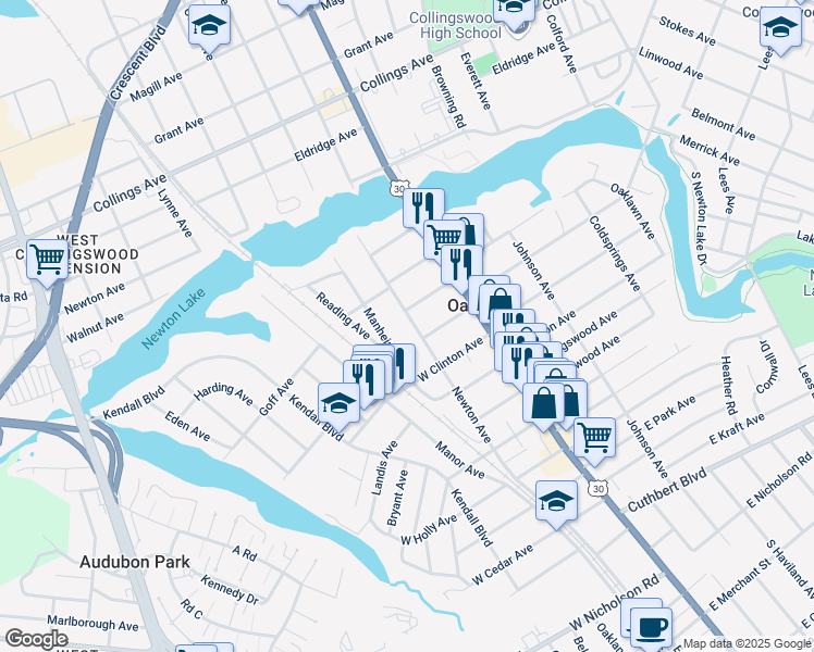 map of restaurants, bars, coffee shops, grocery stores, and more near 305 Newton Avenue in Oaklyn