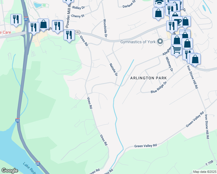 map of restaurants, bars, coffee shops, grocery stores, and more near 347 Allegheny Drive in York