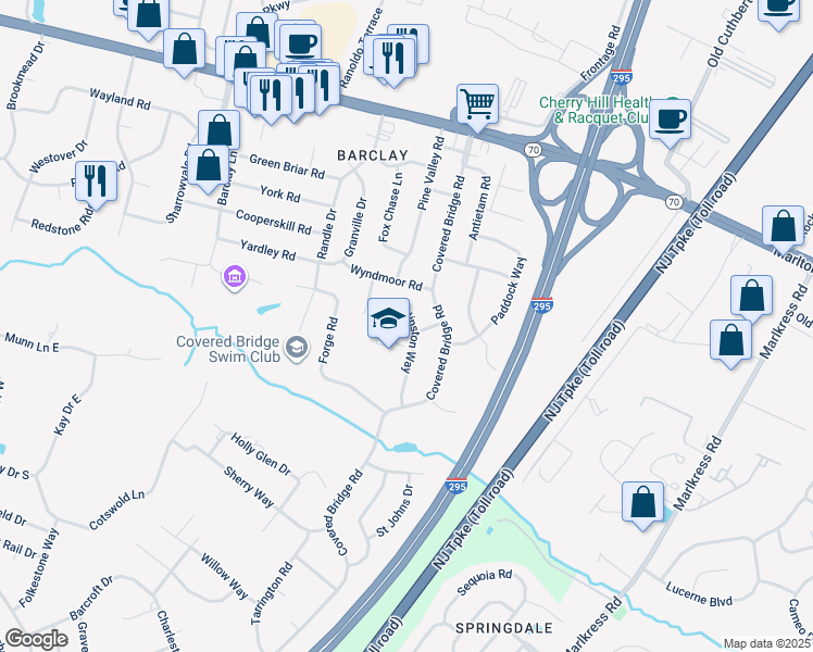 map of restaurants, bars, coffee shops, grocery stores, and more near 1210 Winston Way in Cherry Hill