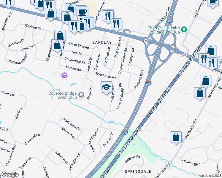 map of restaurants, bars, coffee shops, grocery stores, and more near 1210 Winston Way in Cherry Hill