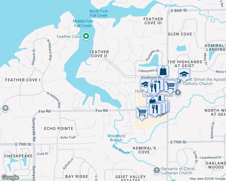 map of restaurants, bars, coffee shops, grocery stores, and more near 8176 Shorewalk Drive in Indianapolis