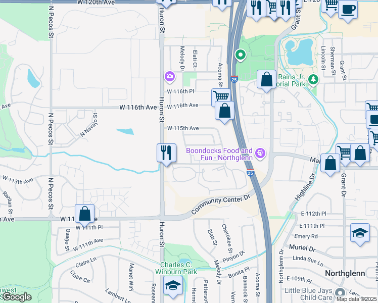 map of restaurants, bars, coffee shops, grocery stores, and more near 600 West 114th Place in Northglenn