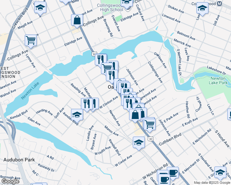 map of restaurants, bars, coffee shops, grocery stores, and more near in Oaklyn