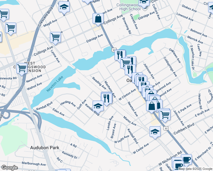 map of restaurants, bars, coffee shops, grocery stores, and more near 207 Manheim Avenue in Oaklyn
