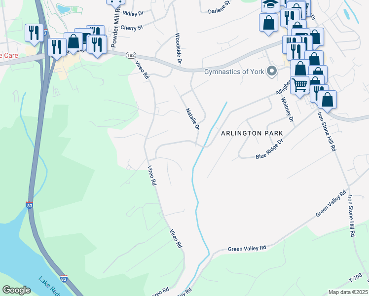 map of restaurants, bars, coffee shops, grocery stores, and more near 347 Allegheny Drive in York