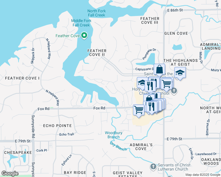 map of restaurants, bars, coffee shops, grocery stores, and more near 8176 Shorewalk Drive in Indianapolis