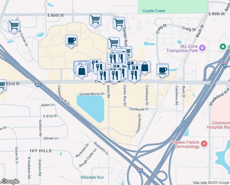 map of restaurants, bars, coffee shops, grocery stores, and more near 6255 82nd St in Indianapolis