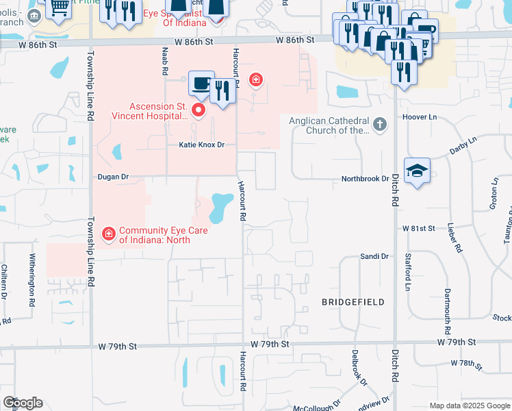 map of restaurants, bars, coffee shops, grocery stores, and more near 8181 Harcourt Road in Indianapolis