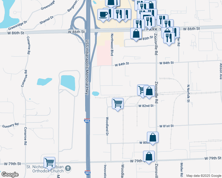 map of restaurants, bars, coffee shops, grocery stores, and more near 8200 Northwest Boulevard in Indianapolis