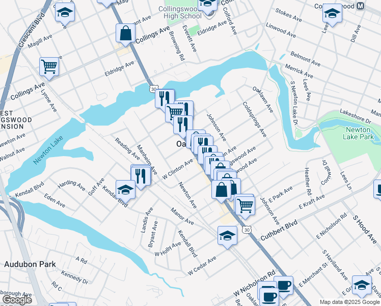map of restaurants, bars, coffee shops, grocery stores, and more near 400 White Horse Pike in Oaklyn