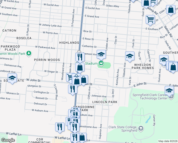 map of restaurants, bars, coffee shops, grocery stores, and more near 1802 Clifton Avenue in Springfield