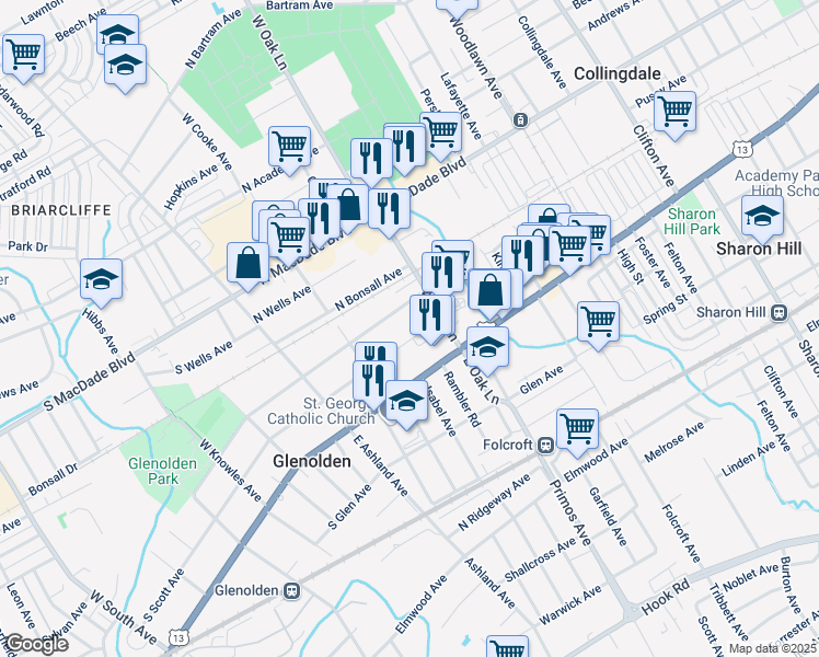 map of restaurants, bars, coffee shops, grocery stores, and more near 308 North Scott Avenue in Glenolden