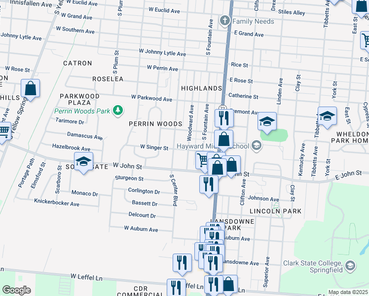 map of restaurants, bars, coffee shops, grocery stores, and more near 1789 Woodward Avenue in Springfield