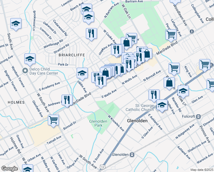 map of restaurants, bars, coffee shops, grocery stores, and more near 50 South Macdade Boulevard in Glenolden