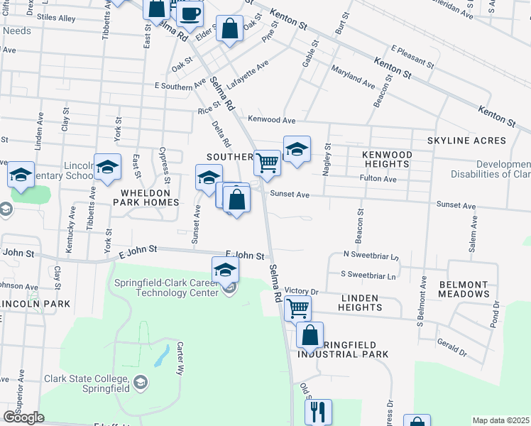 map of restaurants, bars, coffee shops, grocery stores, and more near 1615 Selma Road in Springfield
