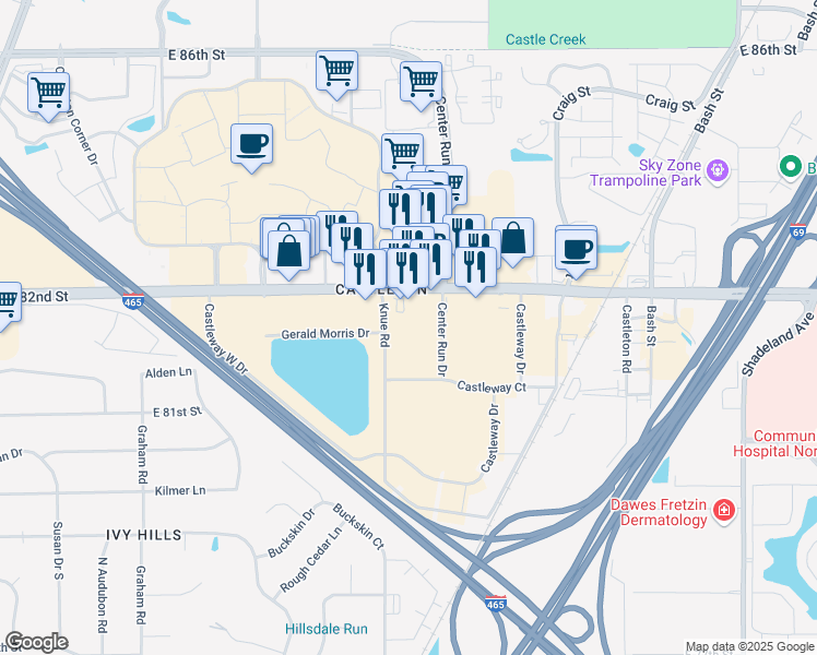 map of restaurants, bars, coffee shops, grocery stores, and more near 8125 Knue Road in Indianapolis
