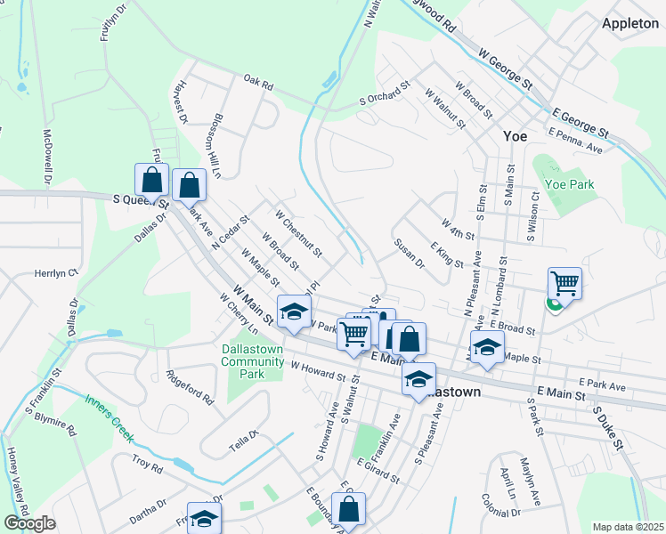 map of restaurants, bars, coffee shops, grocery stores, and more near N School Pl & W Chestnut St in Dallastown