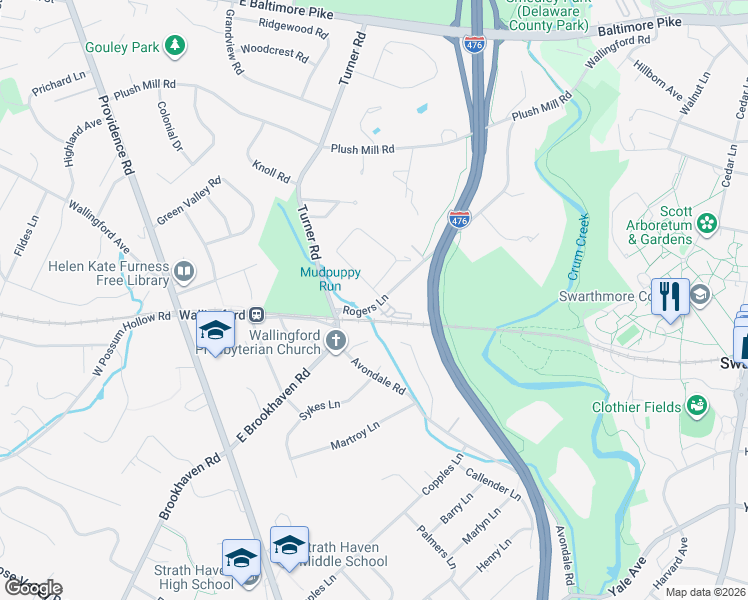 map of restaurants, bars, coffee shops, grocery stores, and more near 204 Sherwood Lane in Nether Providence Township