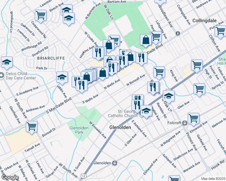 map of restaurants, bars, coffee shops, grocery stores, and more near 16 North Bonsall Avenue in Glenolden