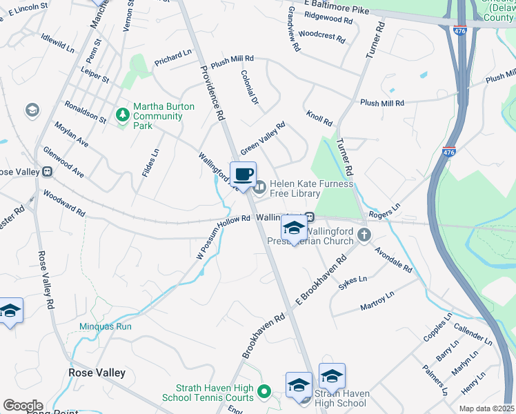 map of restaurants, bars, coffee shops, grocery stores, and more near 100 Providence Road in Media