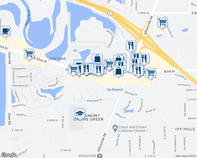 map of restaurants, bars, coffee shops, grocery stores, and more near 5025 East 82nd Street in Indianapolis