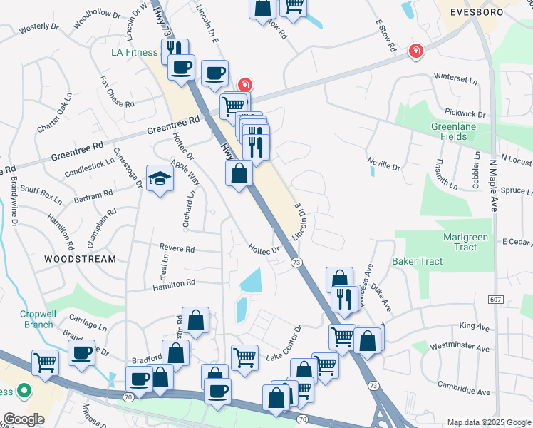 map of restaurants, bars, coffee shops, grocery stores, and more near 701 New Jersey 73 in Evesham
