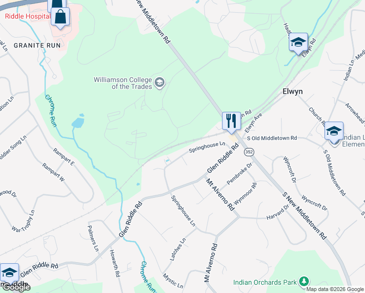 map of restaurants, bars, coffee shops, grocery stores, and more near 18 Springhouse Lane in Media