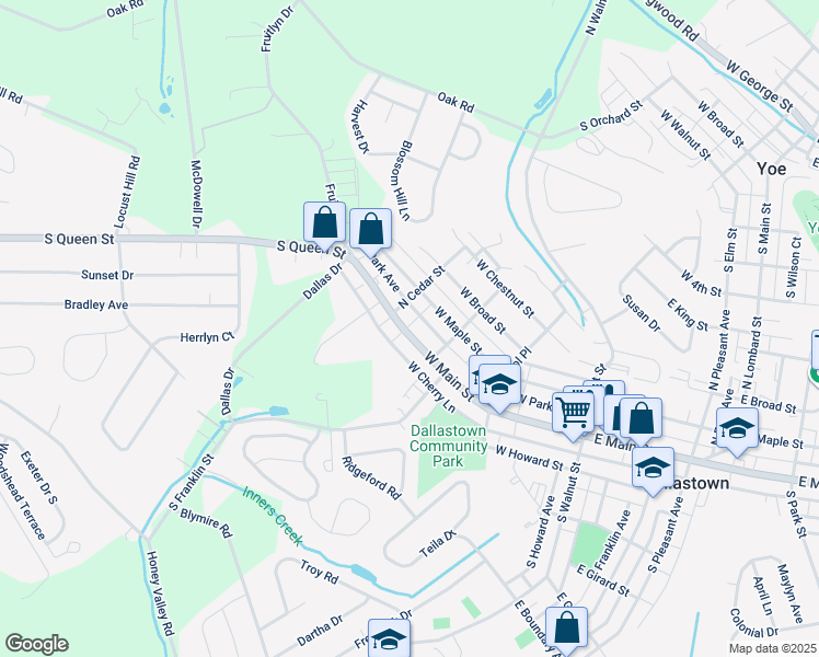 map of restaurants, bars, coffee shops, grocery stores, and more near 375 West Main Street in Dallastown