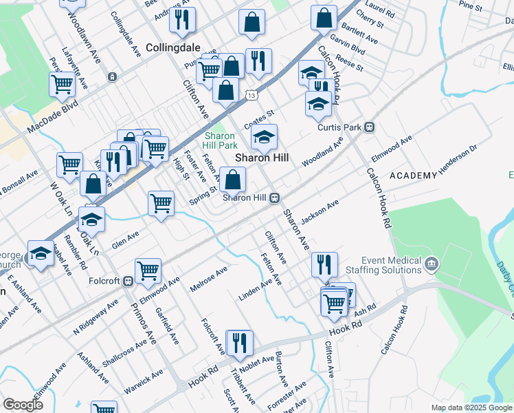 map of restaurants, bars, coffee shops, grocery stores, and more near 419 Clifton Avenue in Sharon Hill