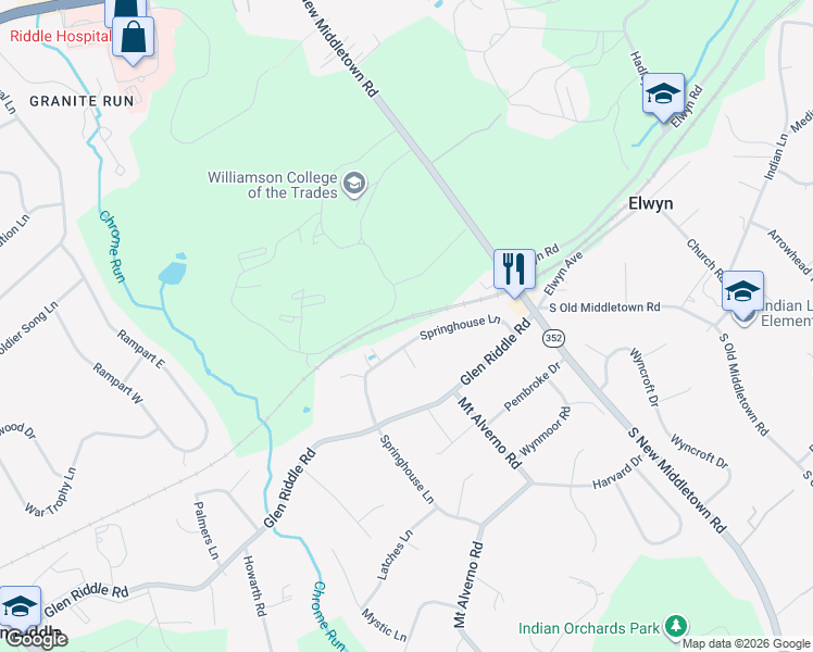 map of restaurants, bars, coffee shops, grocery stores, and more near 18 Springhouse Lane in Media