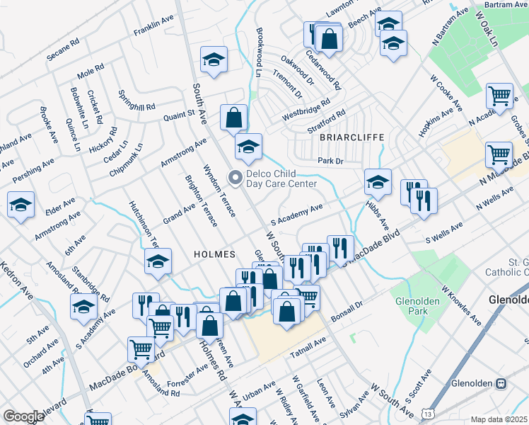 map of restaurants, bars, coffee shops, grocery stores, and more near 416 South Avenue in Holmes