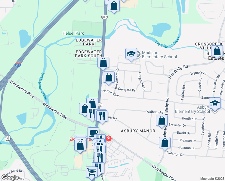 map of restaurants, bars, coffee shops, grocery stores, and more near 3453 Beachworth Drive in Columbus
