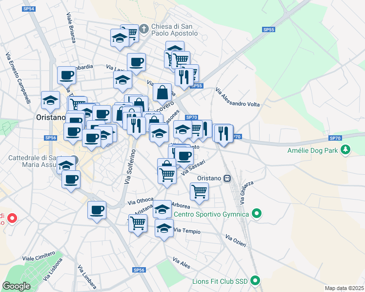map of restaurants, bars, coffee shops, grocery stores, and more near 59 Via San Simaco in Oristano