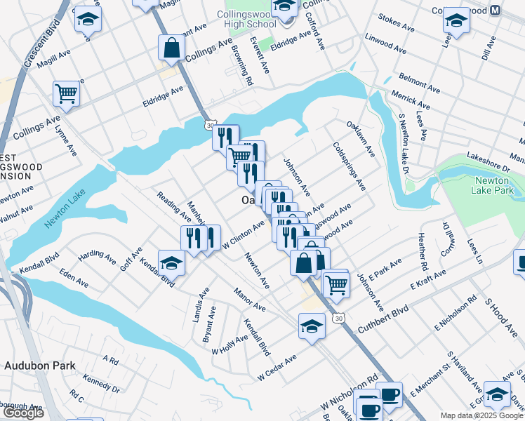 map of restaurants, bars, coffee shops, grocery stores, and more near in Oaklyn