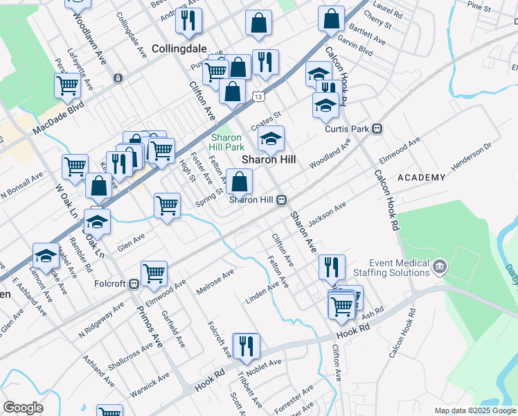map of restaurants, bars, coffee shops, grocery stores, and more near 1119 Woodland Avenue in Sharon Hill