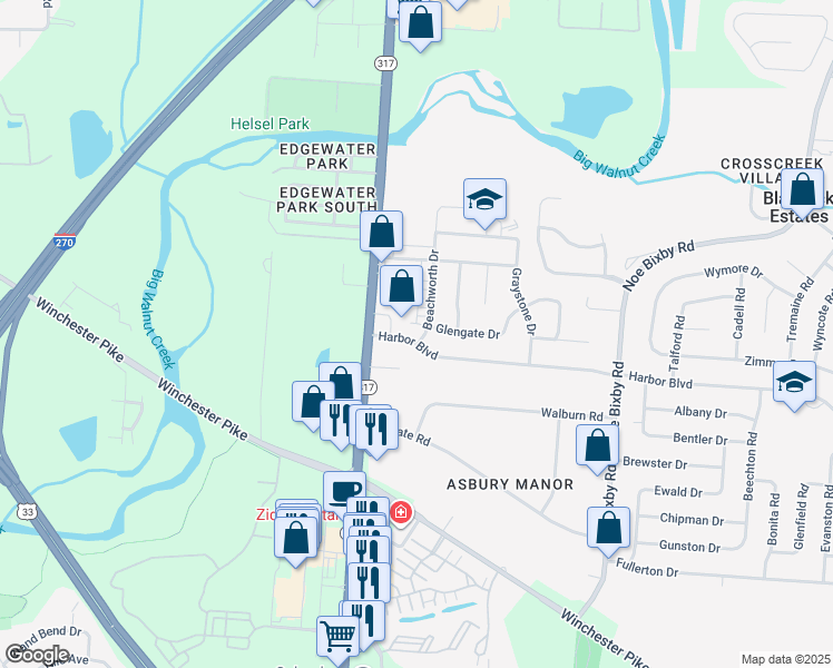 map of restaurants, bars, coffee shops, grocery stores, and more near 3453 Beachworth Drive in Columbus