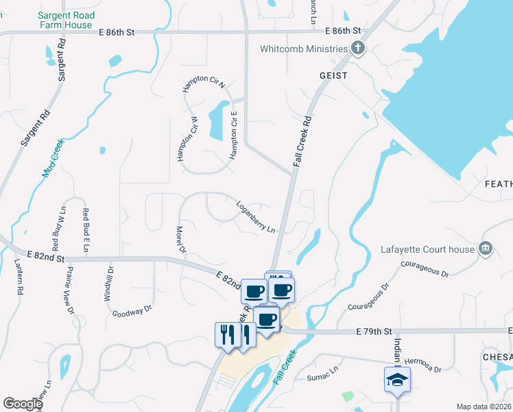 map of restaurants, bars, coffee shops, grocery stores, and more near 9814 Belcrest Lane in Indianapolis
