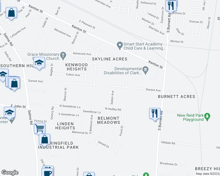map of restaurants, bars, coffee shops, grocery stores, and more near 2109 Sunset Avenue in Springfield