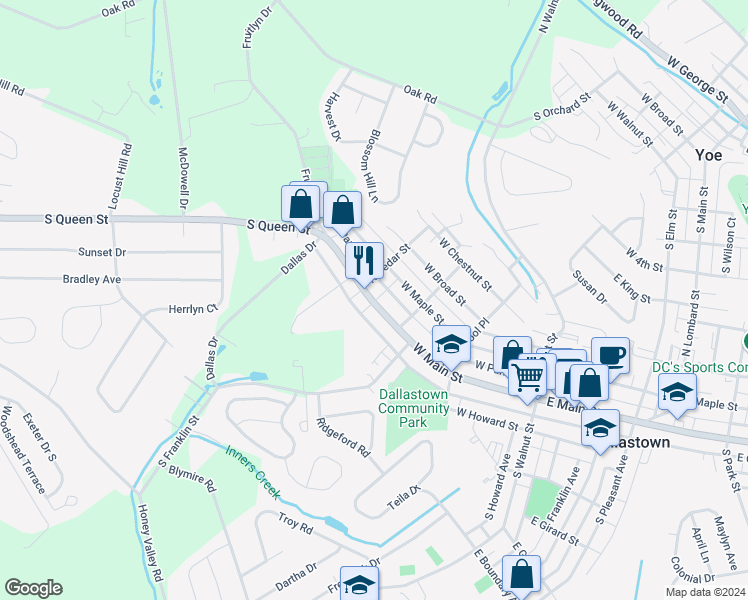 map of restaurants, bars, coffee shops, grocery stores, and more near 379 West Main Street in Dallastown