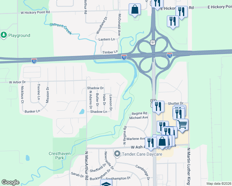 map of restaurants, bars, coffee shops, grocery stores, and more near 4525 Havenwood Drive in Decatur