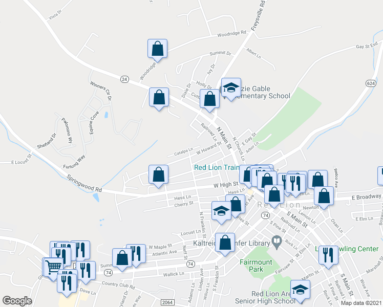 map of restaurants, bars, coffee shops, grocery stores, and more near 111A West Howard Street in Red Lion