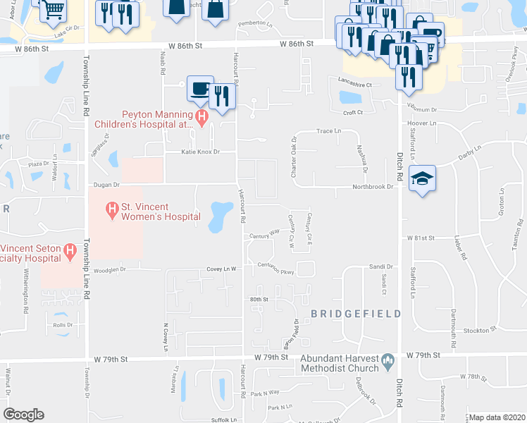 map of restaurants, bars, coffee shops, grocery stores, and more near 8181 Harcourt Road in Indianapolis