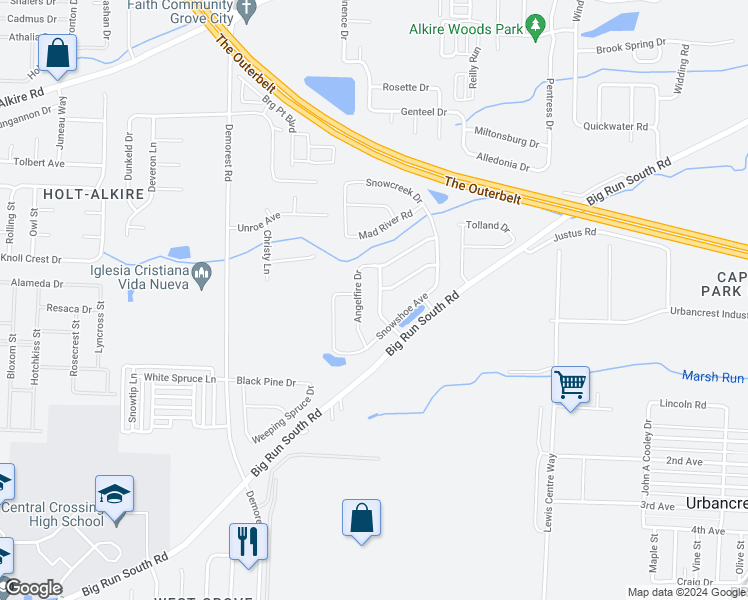 map of restaurants, bars, coffee shops, grocery stores, and more near 2397 Big Run Ridge Boulevard in Grove City