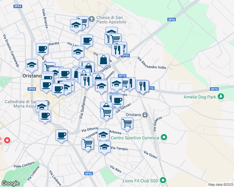 map of restaurants, bars, coffee shops, grocery stores, and more near 59 Via San Simaco in Oristano