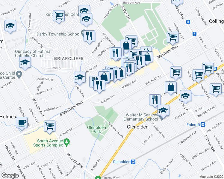 map of restaurants, bars, coffee shops, grocery stores, and more near 416 Custer Avenue in Glenolden